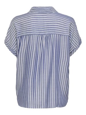 Alternative view of Πουκάμισο μπλε ριγέ κοντομάνικο με καφέ κουμπιά