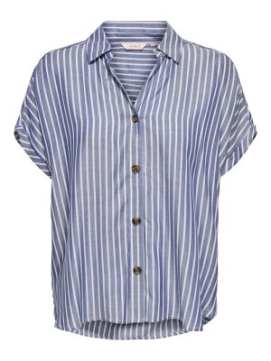 Πουκάμισο μπλε ριγέ κοντομάνικο με καφέ κουμπιά