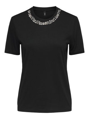 Μπλούζα κοντομάνικη με στρας στη λαιμόκοψη