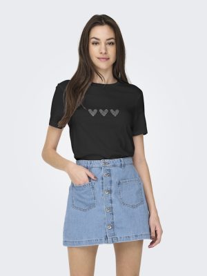 Alternative view of Μπλούζα κοντομάνικη με καρδιές από στρας