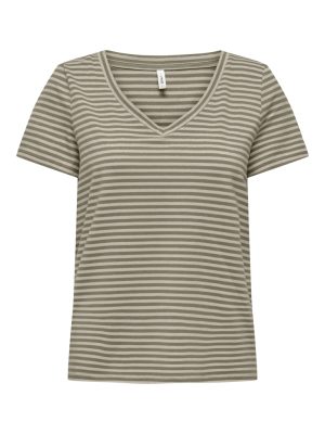 Tshirt ριγέ χακί με v λαιμόκοψη casual