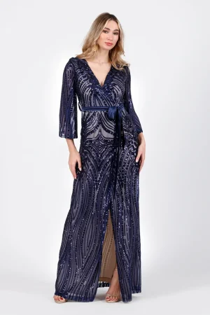 Maxi φόρεμα με παγιέτες και σατέν ζώνη σε navy blue απόχρωση