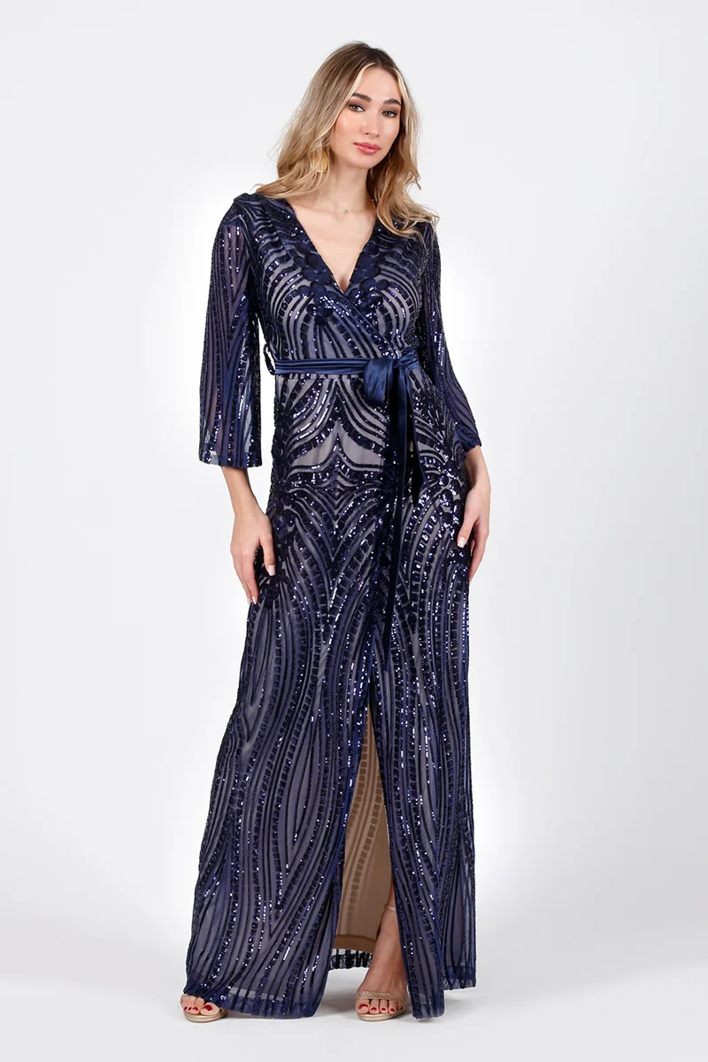 Maxi φόρεμα με παγιέτες και σατέν ζώνη σε navy blue απόχρωση