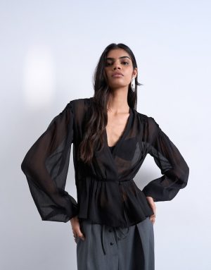 Μπλούζα διάφανη με V ντεκολτέ και μακριά μανίκια