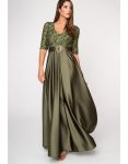 Μάξι σατέν φόρεμα σε olive απόχρωση με ζώνη