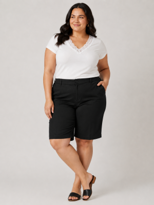 Alternative view of Βερμούδα ψηλόμεση υφασμάτινη με τσέπες plus size