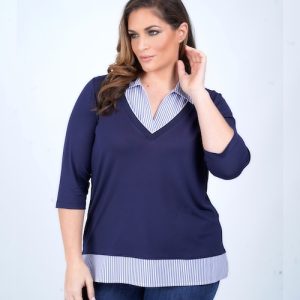 Μπλούζα με ριγέ λεπτομέρειες τύπου πουκάμισο plus size
