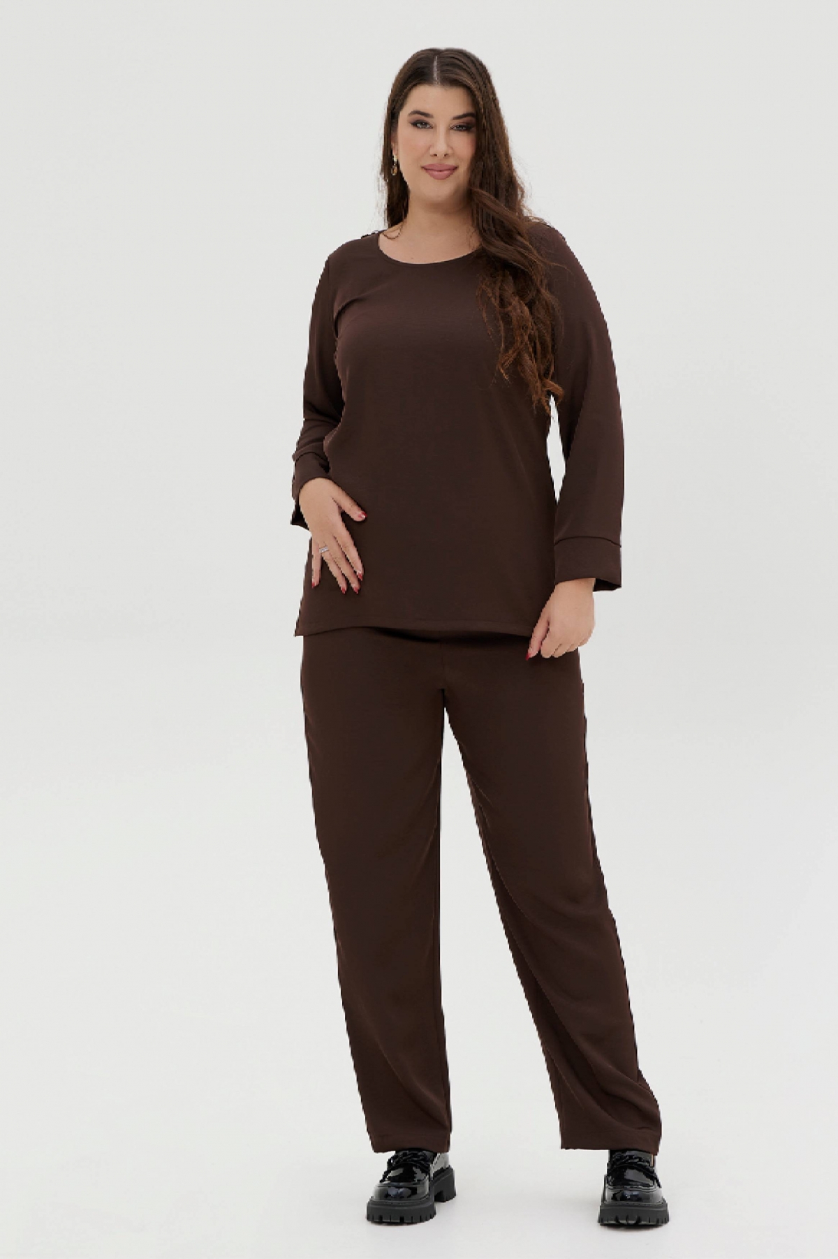 Μπλούζα με μακριά μανίκια σε καφέ χρώμα Plus size - Image 2