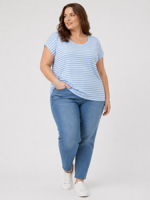 Μπλούζα ριγέ κοντομάνικη με στρογγυλή λαιμόκοψη plus size