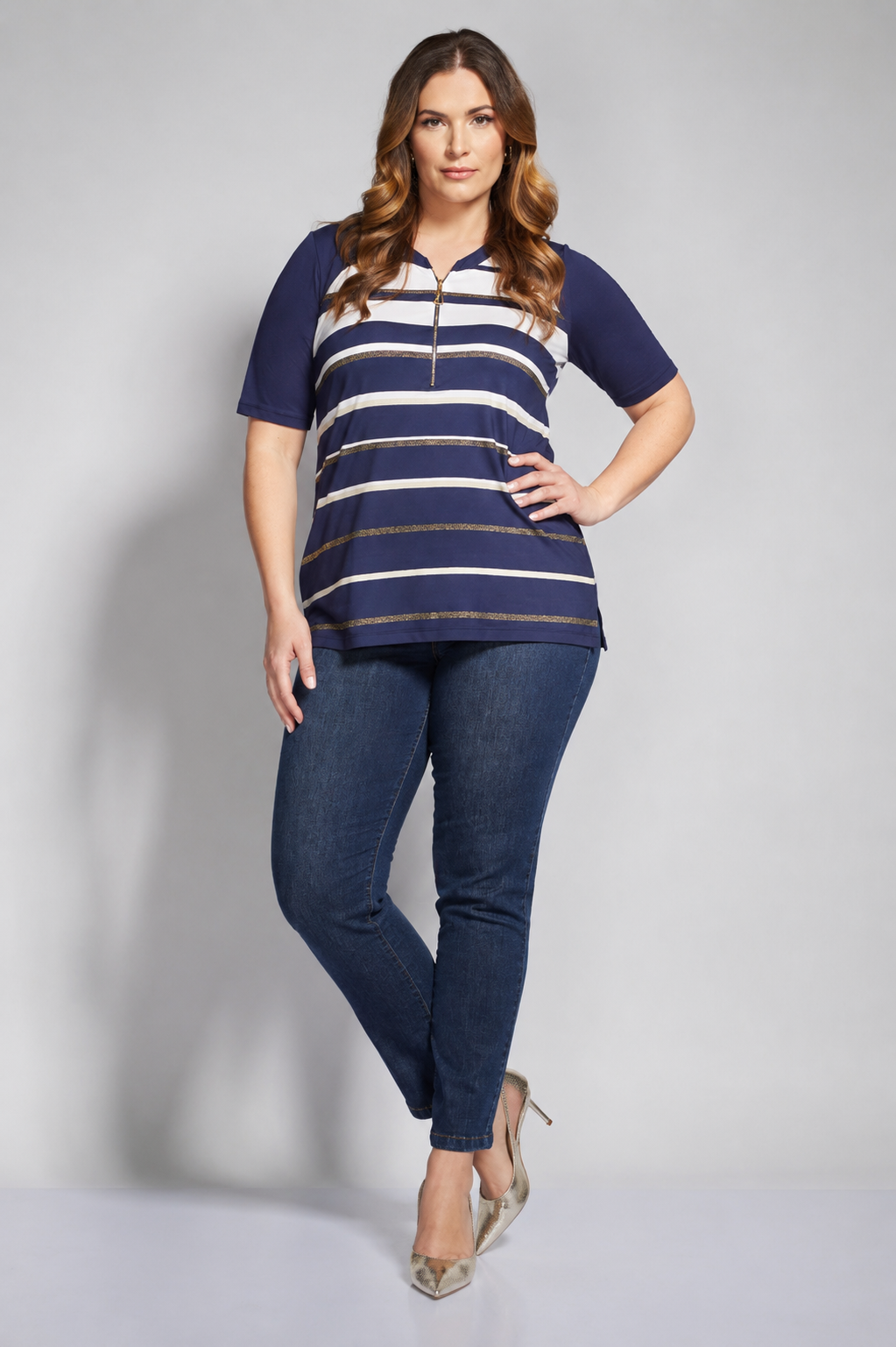 Μπλούζα ριγέ με φερμουάρ plus size - Image 3