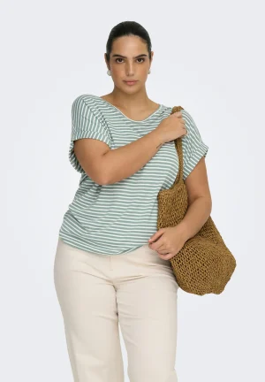 Alternative view of Μπλούζα ριγέ κοντομάνικη με στρογγυλή λαιμόκοψη plus size