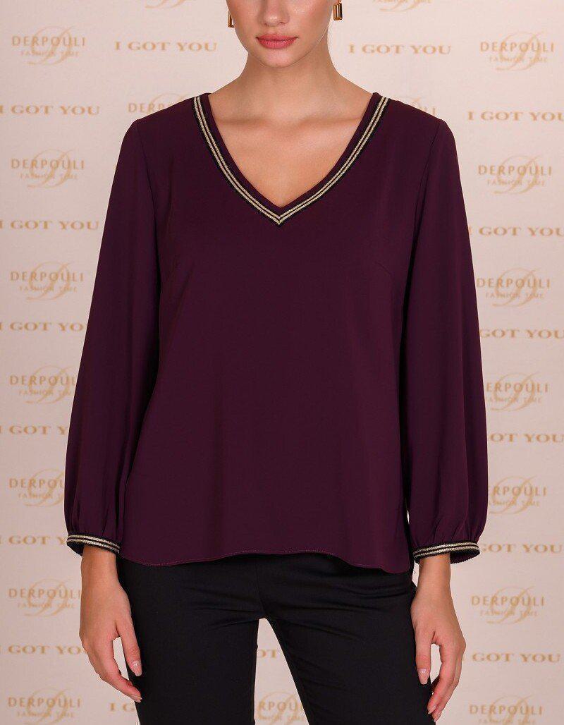 Μπλούζα με τρέσα στρας στο V - Μπορντό