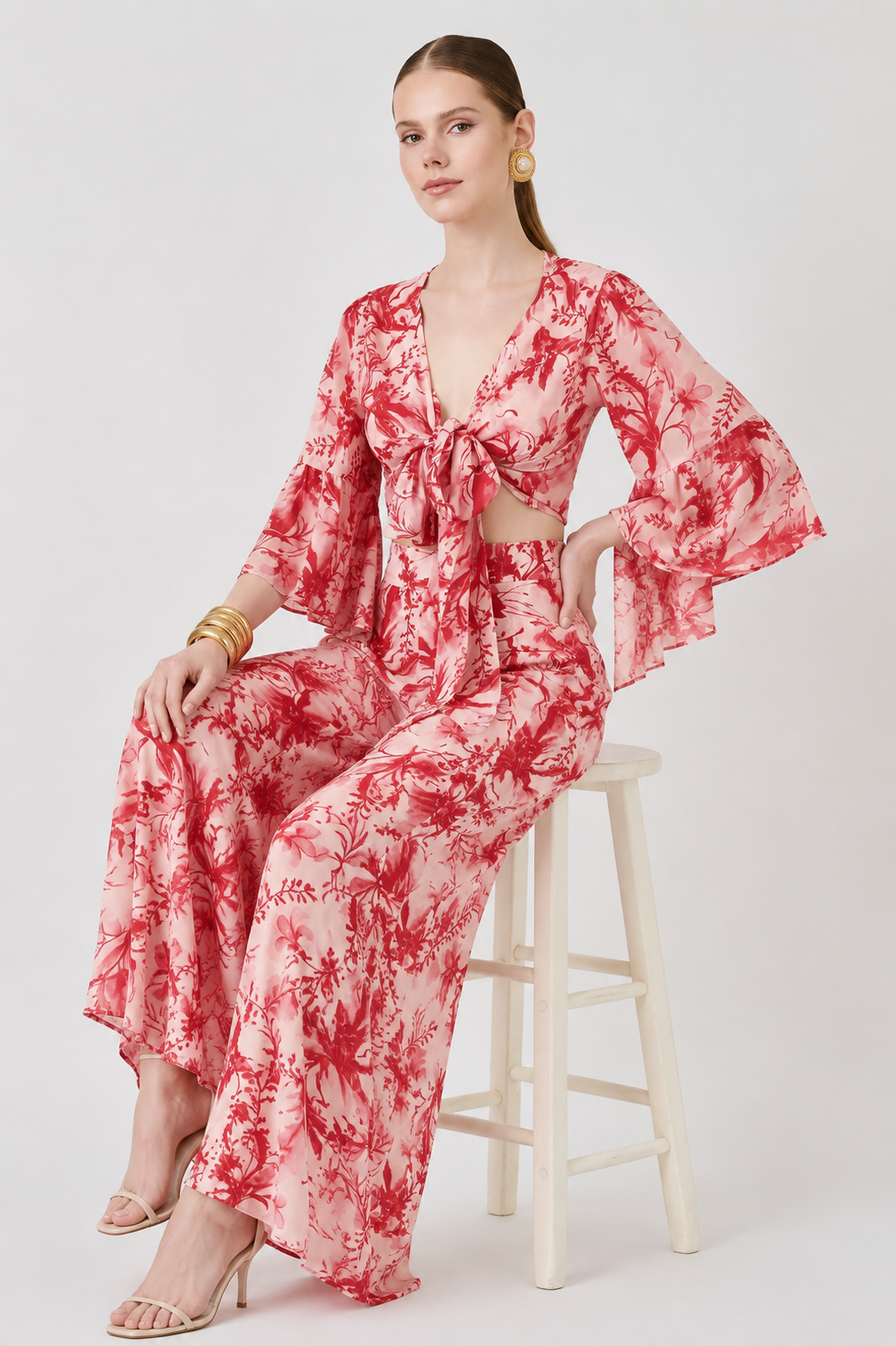 Floral tie-front top με βολάν στα μανίκια - Image 3