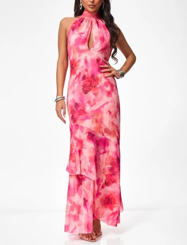 Maxi floral φόρεμα με halter λαιμόκοψη