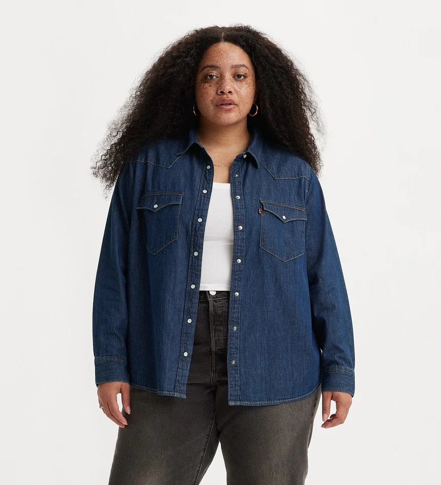 Πουκάμισο τζιν μπλε σκούρο western με τσέπες Plus Size - Image 2