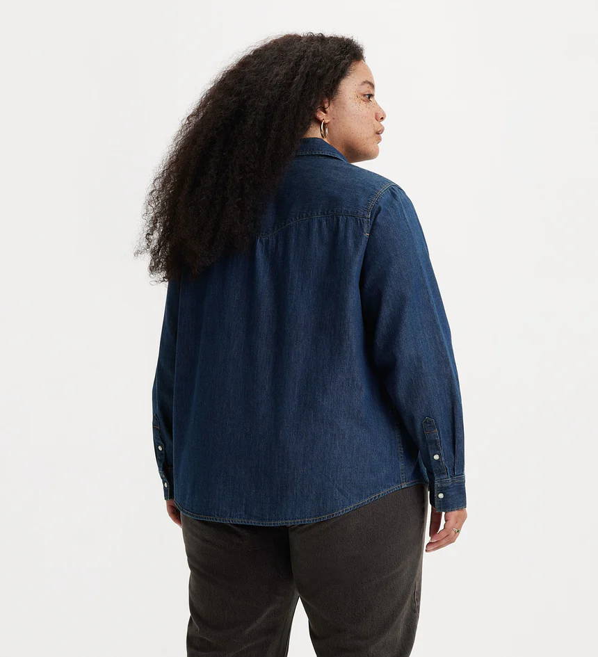 Πουκάμισο τζιν μπλε σκούρο western με τσέπες Plus Size - Image 3