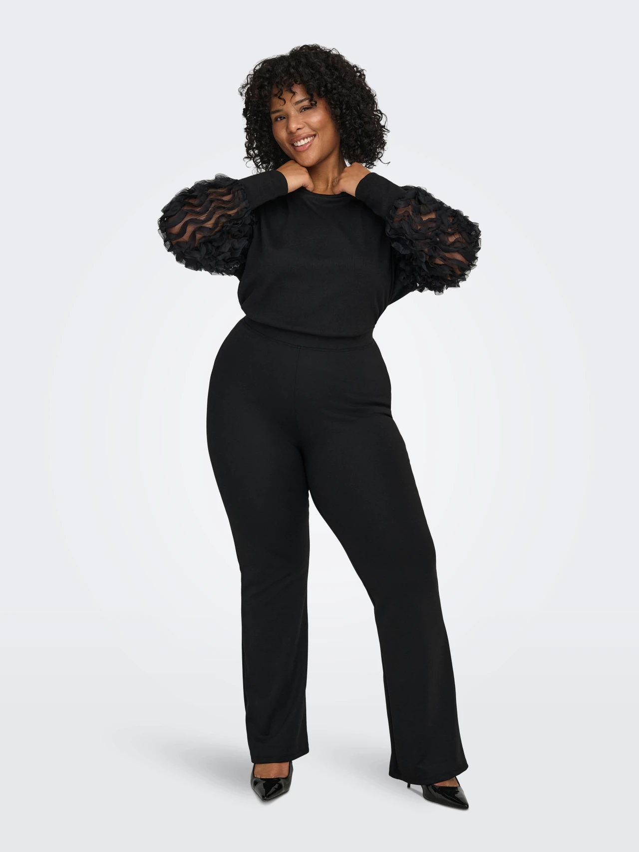 Μπλούζα πλεκτή με διαφάνεια στα μανίκια plus size - Μαύρο
