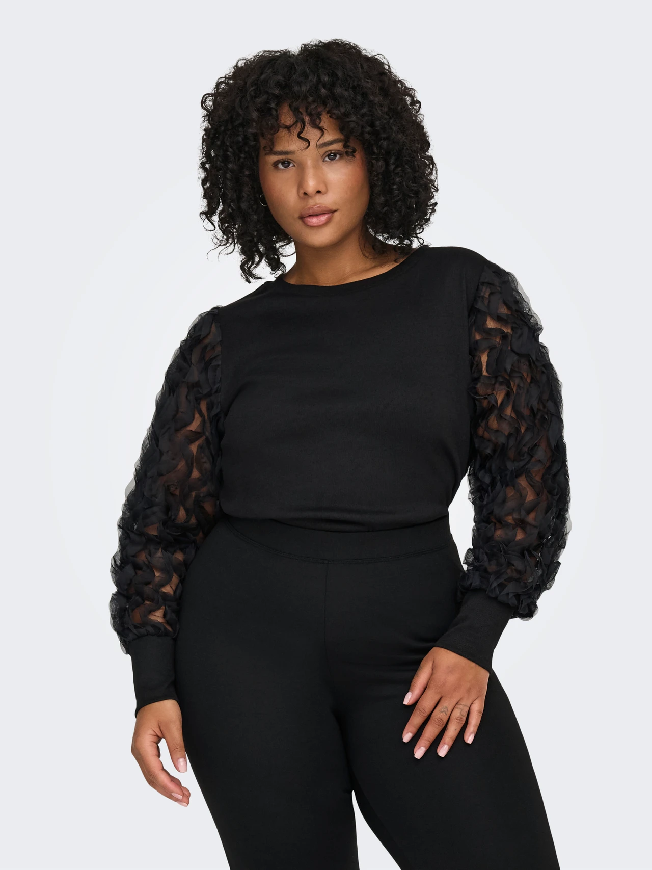 Μπλούζα πλεκτή με διαφάνεια στα μανίκια plus size - Μαύρο