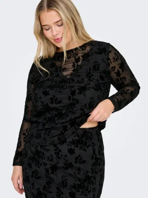 Μπλούζα με βελούδινο floral σχέδιο και διαφάνεια plus size
