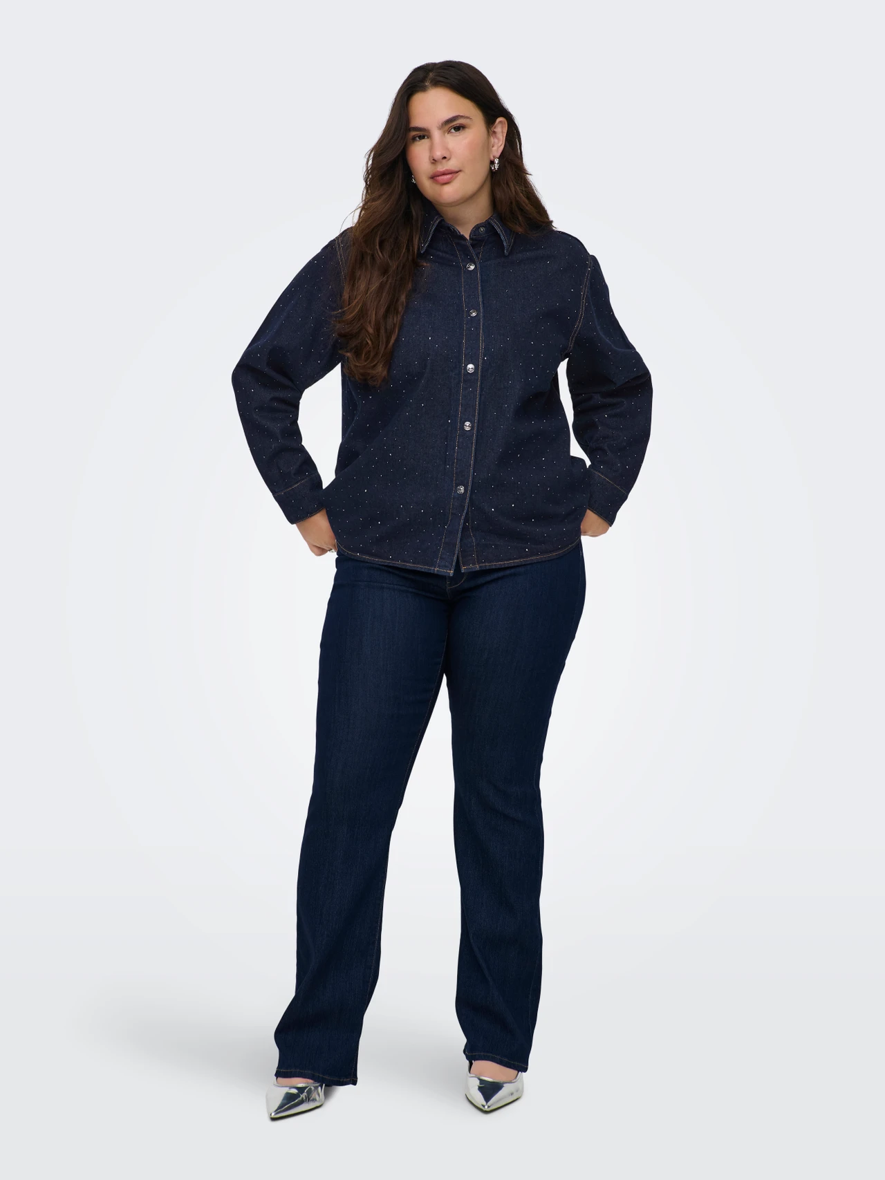 Πουκάμισο τζιν μπλε σκούρο με στρας Plus Size - Image 4
