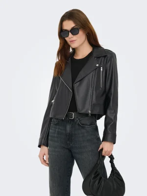 Μπουφάν δερματίνη crop biker με φερμουάρ