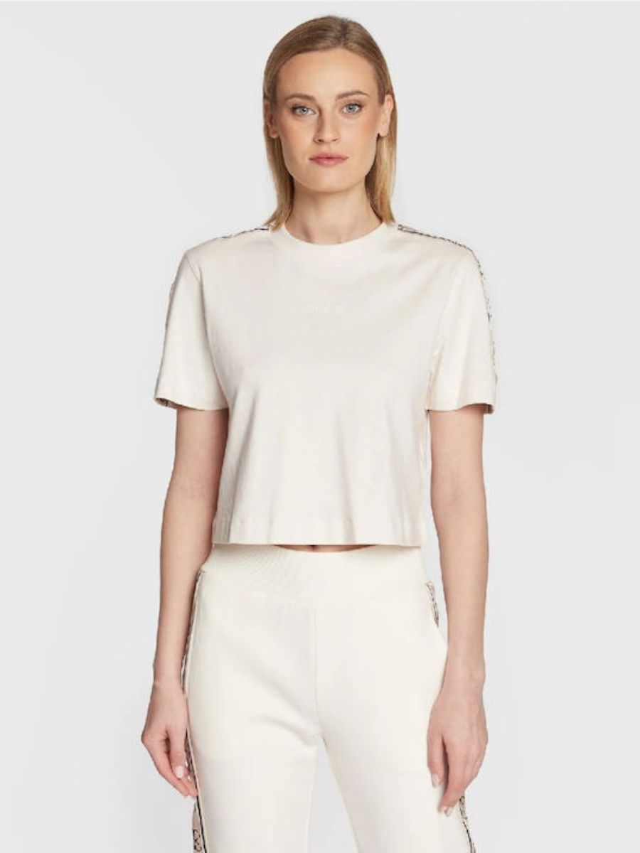 T-shirt cropped με λογότυπο στα μανίκια - Μπεζ