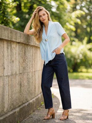 Alternative view of Πουκάμισο κοντομάνικο με γιακά φουλάρι και αγκράφα