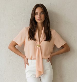 Πουκάμισο ροδακινί κοντομάνικο με γιακά φουλάρι και αγκράφα